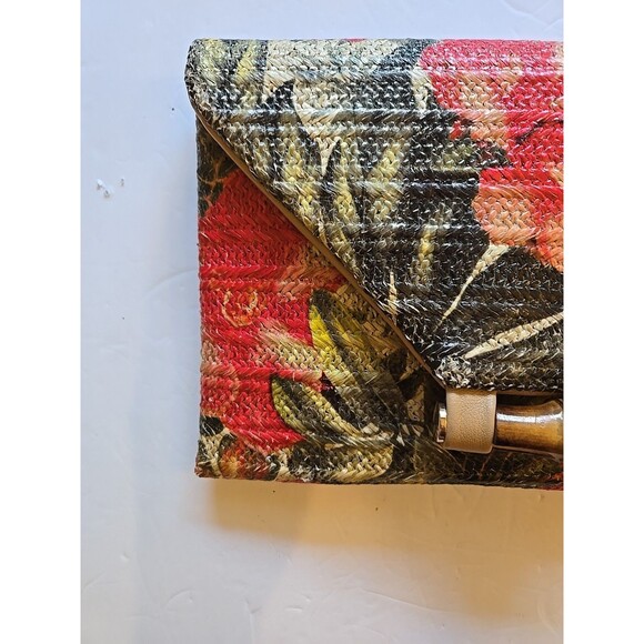 Sondra Roberts Squared Raffia Purse NEW Multicolor Floral Bamboo Clasp -oc- - Picture 3 of 16